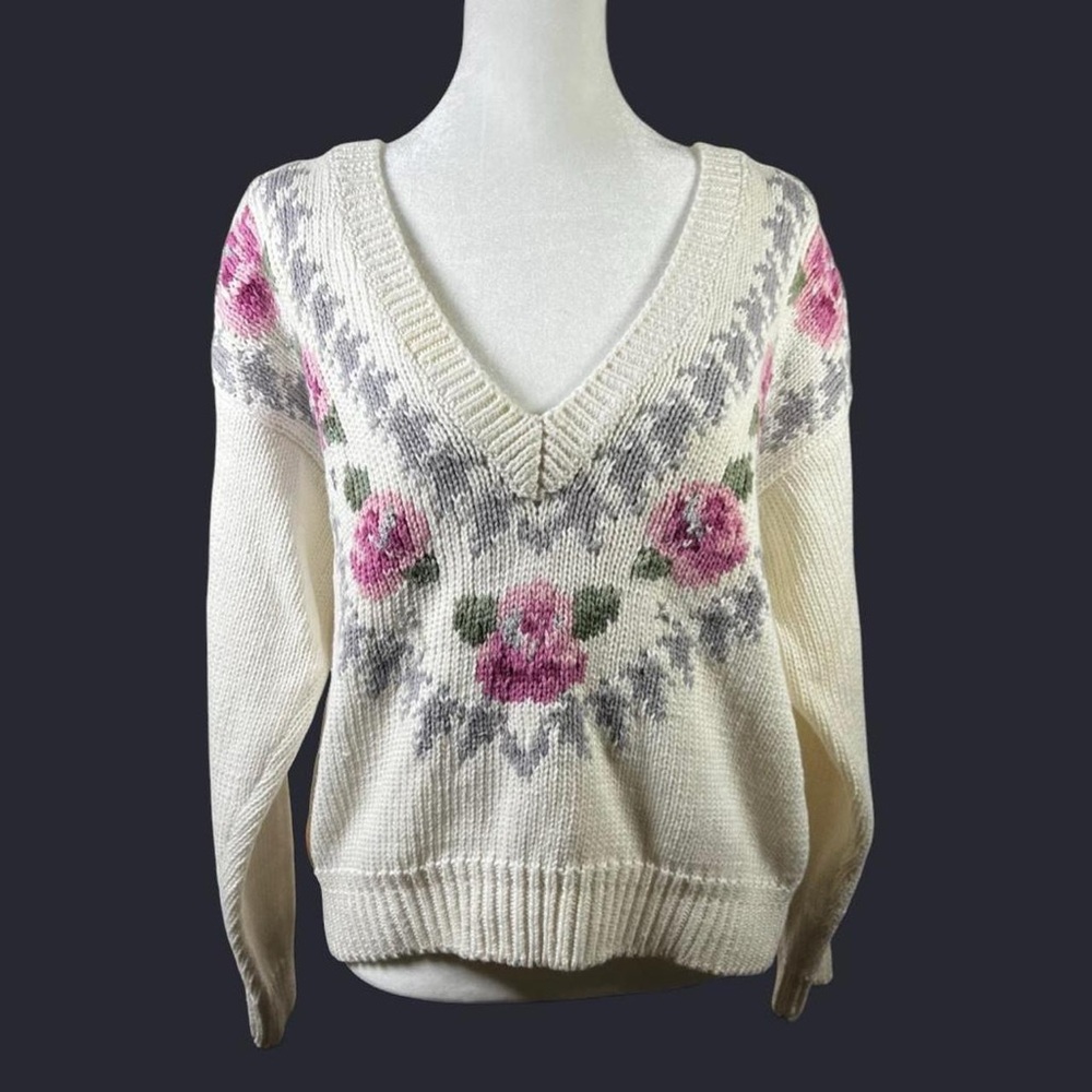 Vintage 80s Jantzen cream floral knit sweater shoulder pads in women’s size M